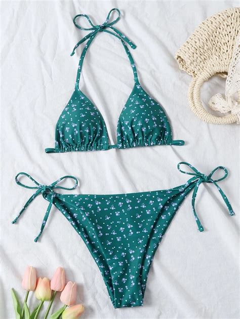 Ditsy Floral Pattern Halter Bikini Swimsuit Side Tie Bikini Bikini