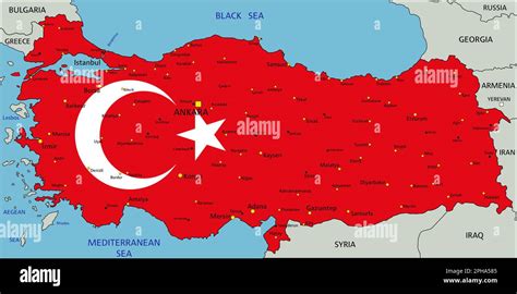 Turkey Highly Detailed Political Map With National Flag Stock Vector