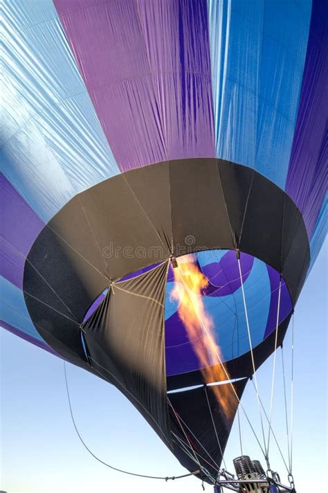 Colorful Hot Air Balloon Flying To Sky Close Up Of Hot Air Balloon Burner Flame Stock Image