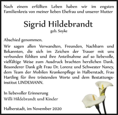 Traueranzeigen Von Sigrid Hildebrandt Geb Soyke Abschied Nehmen De