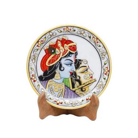 Decorative Marble Plate Round Shape Flute Radha Krishna Showpiece