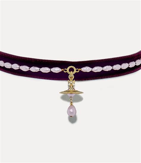 Aleksa Choker In Gold Wine Velvet Lilac Pearl Crystal Crystal