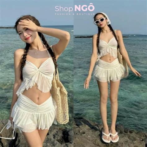 Set đi biển thời trang nữ siêu hot KÈM KHĂN áo dây cúp ngực peplum trắng dây cổ yếm váy xoè