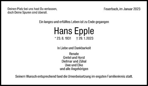 Traueranzeigen Von Hans Epple Stuttgart Gedenkt De