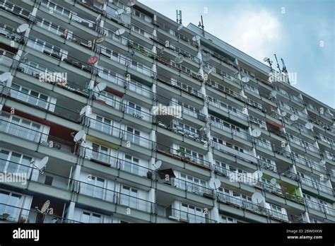 Facade Of Tower Block In Berlin Balconies And Satellite Dishes Stock