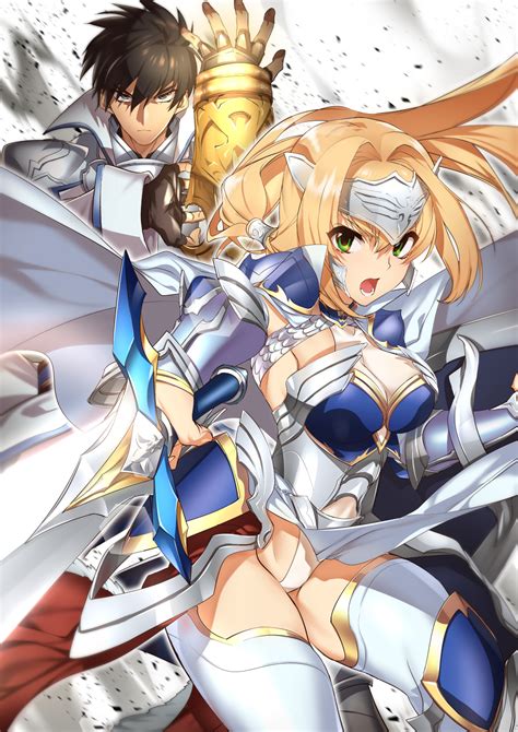 Safebooru Armor Blonde Hair Breasts Cleavage Green Eyes Shield Sword