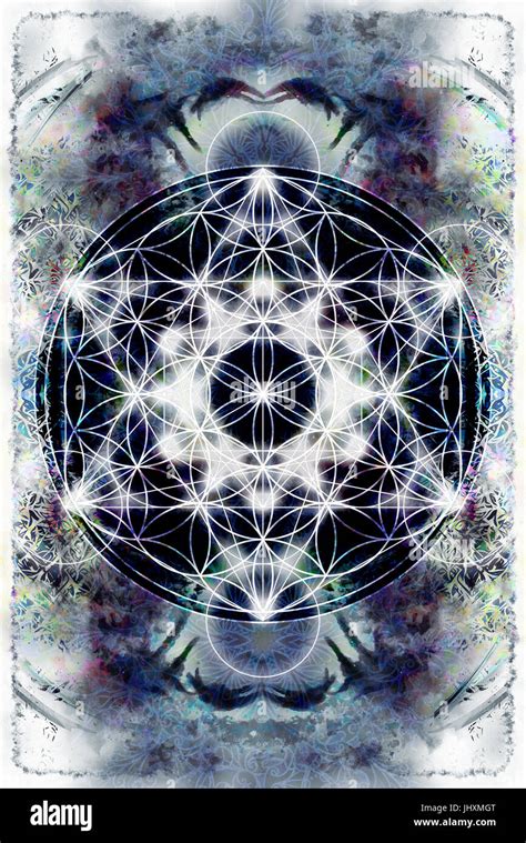 Light Merkaba And Flower Of Life On Abstract Color Background Sacred