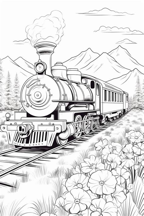 A Black And White Drawing Of A Train Traveling Down The Tracks With