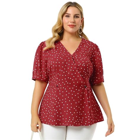 Agnes Orinda Womens Plus Size Polka Dots V Neck Short Sleeve Wrap