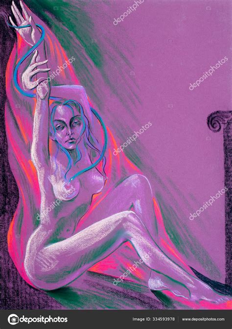 Wax Crayons Wax Crayons Drawing Naked Girl Sits High Raised Hi Stock