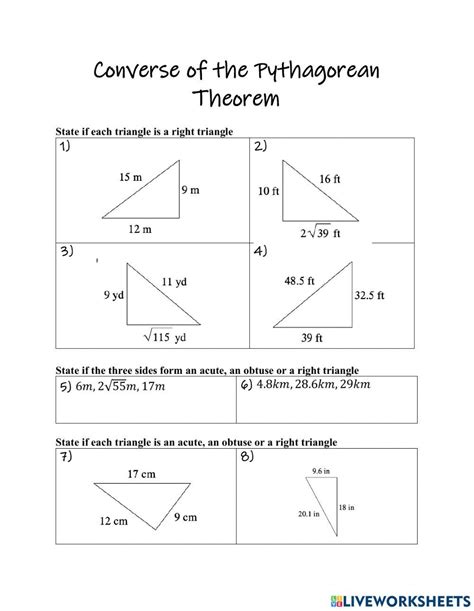 Converse Of Pythagoras Theorem Worksheet Live Worksheets Worksheets