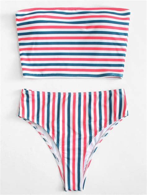 Horizontal Striped Bandeau Top Swimsuit With Vertical Bikini Bottom