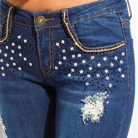 Fab50Fashions Jeans Rhinestone And Stud Embellished Mid Rise Jeans