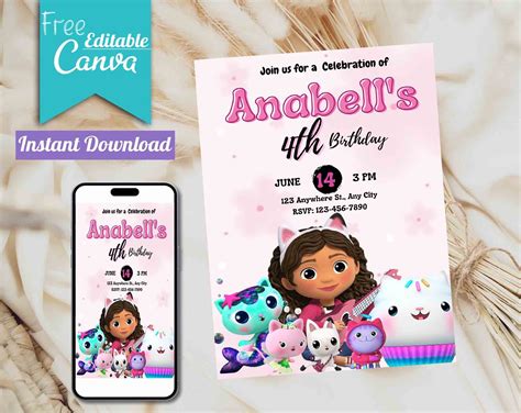 Gabby's Dollhouse Invitations Templates Birthday for Girl - Etsy