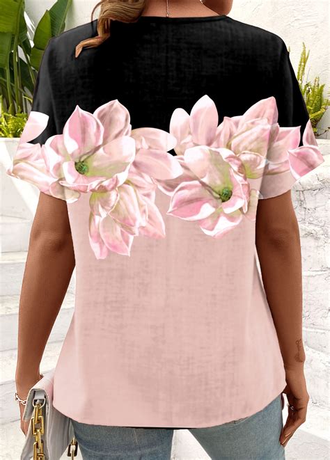 Floral Print Bowknot Light Pink Short Sleeve Blouse Rosewe USD