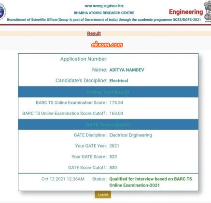 BARC GATE Cut Off Marks Scientist 2022 2013