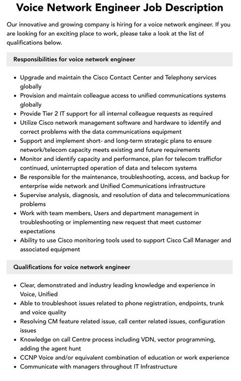 Voice Network Engineer Job Description Velvet Jobs