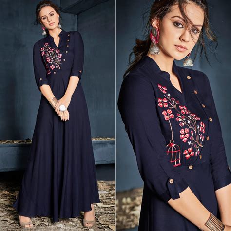 Navy Blue Floral Embroidered Rayon Long Kurti