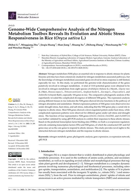 PDF Genome Wide Comprehensive Analysis Of The Nitrogen Metabolism