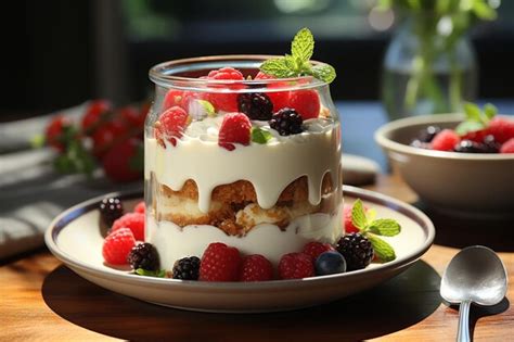 Parfait De Yogur Griego Con Bayas Y Miel En La Mesa Con Fondo De Cocina