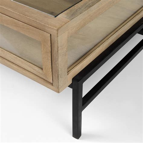 Arelius 42" Square Glass-Top Light Brown W/ Black Metal Base Display