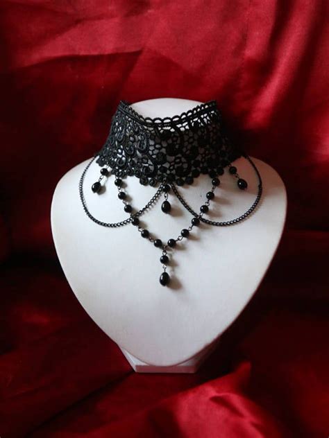 Gothic Victorian Black Lace Choker With Glass Beads And Chains Etsy