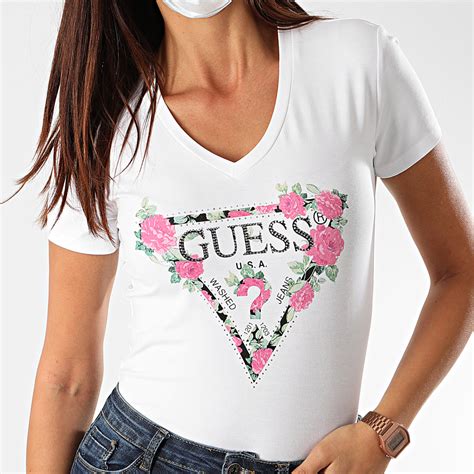 Guess Tee Shirt Femme Col V Strass Floral W0yi83 J1300 Blanc