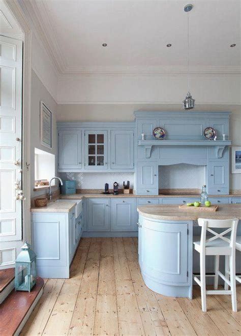 Powder Blue Kitchen Cabinets And Natural Wood Floor Kitchensink