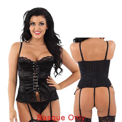 Black Satin And Lace Corset Basque Suspenders And Thong Underwired Hook And Eye Just For You Boutique®