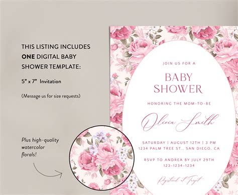 Pink Roses Baby Shower Invitation Template Editable Shabby Chic Baby