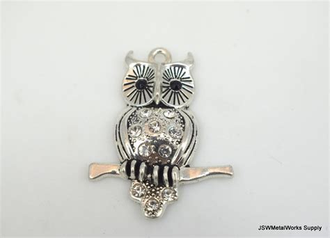 Black And Clear Rhinestone Eye Pewter Owl Pendant Large Owl Etsy