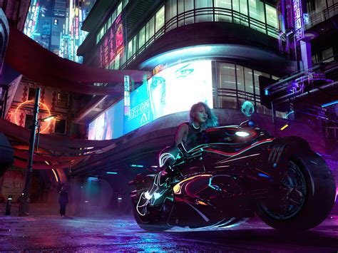 1400x1050 Cyberpunk City Girl With Bike 4k Wallpaper 1400x1050