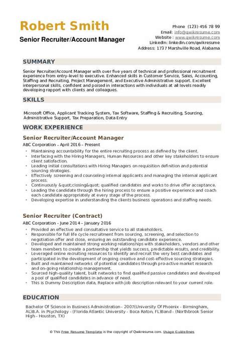 Senior Recruiter Resume Samples Qwikresume