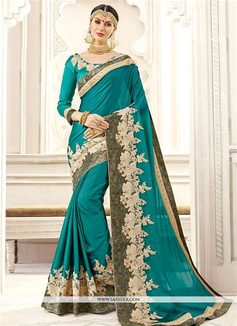 Buy Teal Patch Border Work Faux Georgette Classic Designer Saree Online