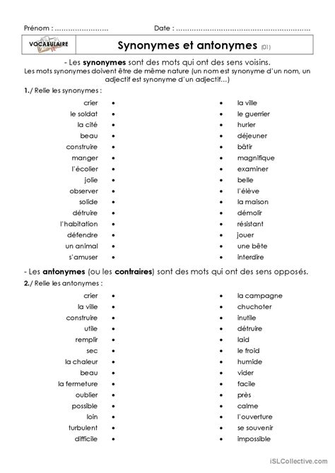 Synonymes Et Antonymes Deutsch Daf Arbeitsbl Tter Pdf Doc