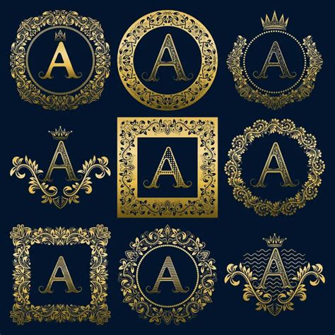 Vintage Monograms Set Of M Letter Golden Heraldic Logos In Wreaths