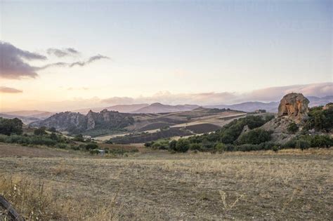 Italy Sicily Enna View Over Landscape At Dusk Stock Photo