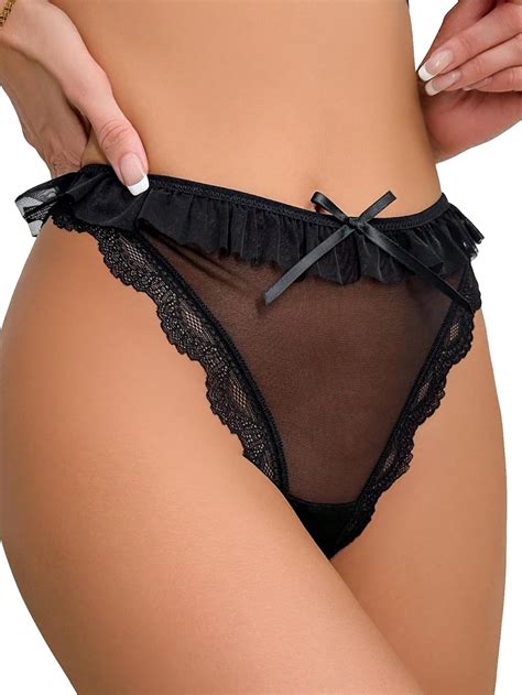 Sweatyrocks Women S Lace Trim Bow Front Brief Mid Rise Sheer Mesh