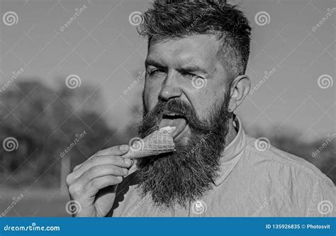 Sweet Tooth Concept Bearded Man With Ice Cream Cone Man With Long