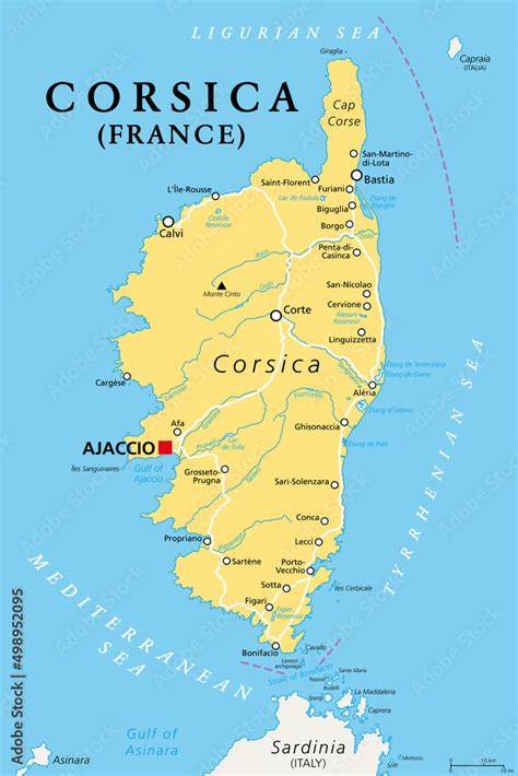 Corsica, political map, French island with capital Ajaccio. Island in the Mediterranean Sea ...