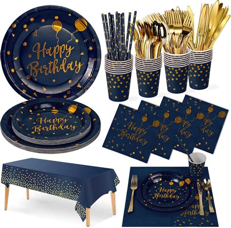 Nkaiso Birthday Party Tableware 161Pcs Navy Blue Gold Happy Birthday