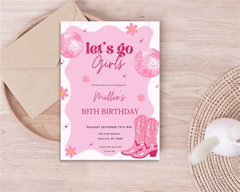 Pink Cowgirl Birthday Party Invitation Template Pink Disco Cowgirl