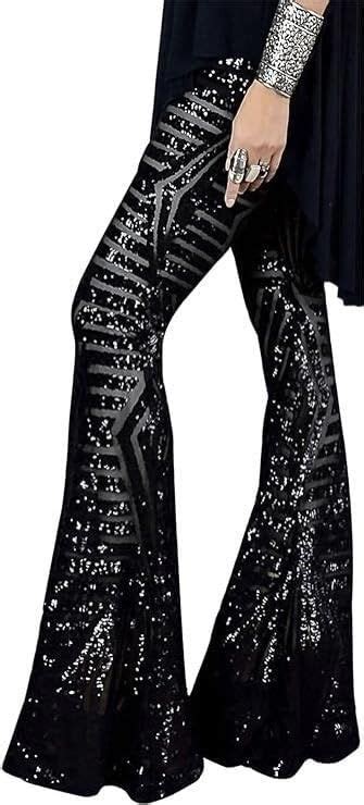 Uoighf Womens Sequin Pants High Waisted Sparkle Bell Bottoms Trousers