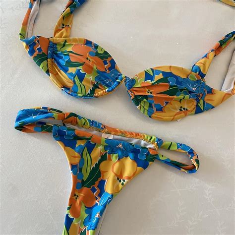 Orange And Blue Floral Bikini Set Cheeky Thong Like Depop