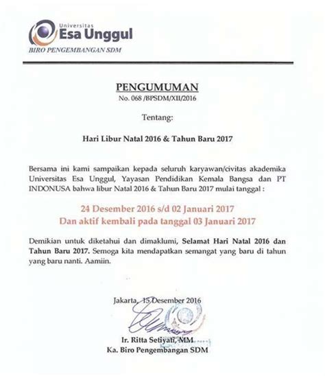 Pengumuman Libur Natal Dan Tahun Baru Pascasarjana Universitas Esa Unggul