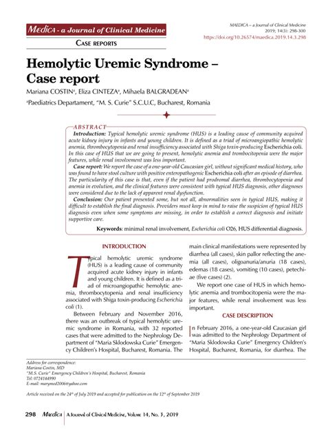 PDF Hemolytic Uremic Syndrome Case Report