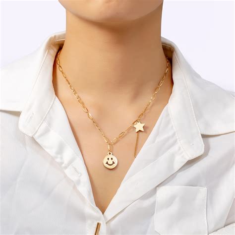 Women S Smile Face And Star Necklace Helloice Jewelry