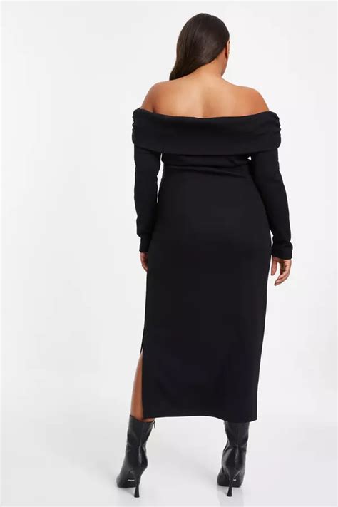 Curve Black Ribbed Bardot Bodycon Midi Dress Quiz Clothing