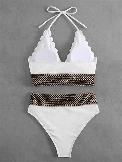 Scallop Trim Halter Bikini Swimsuit SHEIN USA