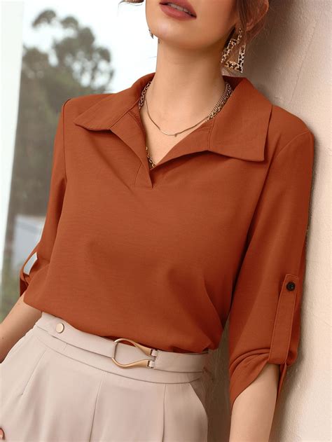 Roll Up Sleeve Solid Blouse Chic Blouses